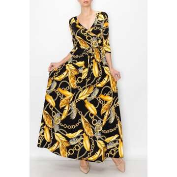 Bon Rosy Women's Super Stretchy Maxi Party Dress Spring Floral Print Faux Wrap 3/4 Sleeve V-Neck