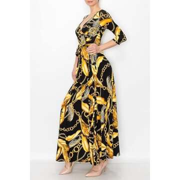 Bon Rosy Women's Super Stretchy Maxi Party Dress Spring Floral Print Faux Wrap 3/4 Sleeve V-Neck