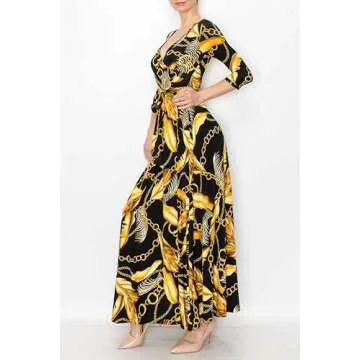 Bon Rosy Women's Super Stretchy Maxi Party Dress Spring Floral Print Faux Wrap 3/4 Sleeve V-Neck
