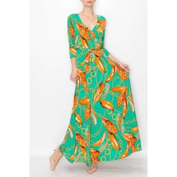 Bon Rosy Women's Super Stretchy Maxi Party Dress Spring Floral Print Faux Wrap 3/4 Sleeve V-Neck