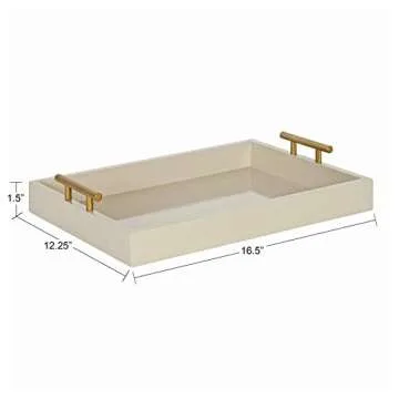 Kate and Laurel Lipton Mid Century Modern Decorative Wood Tray with Brushed Gold Metal Handles, Sand Brown