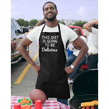 Hot Ass Tees This Shit Is Going To Be Delicious Cooking 2 Pocket Apron, Adjustable Unisex Funny Aprons for Men & Women for BBQ Chef Black