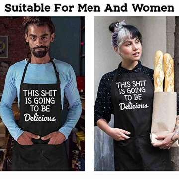 Hot Ass Tees This Shit Is Going To Be Delicious Cooking 2 Pocket Apron, Adjustable Unisex Funny Aprons for Men & Women for BBQ Chef Black