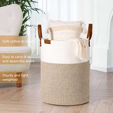 CHICVITA Large Laundry Hamper, Tall Laundry Basket, Dirty Clothes Hamper, Nursery Hamper for Laundry, Baby Hamper, Storage Basket for Toys, Towels, Blankets, Woven Basket for Storage, Rope Basket, 58L
