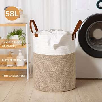 CHICVITA Large Laundry Hamper, Tall Laundry Basket, Dirty Clothes Hamper, Nursery Hamper for Laundry, Baby Hamper, Storage Basket for Toys, Towels, Blankets, Woven Basket for Storage, Rope Basket, 58L