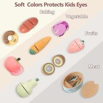 WHOHOLL Play Food Set for Play Kitchen Accessories, Wooden Toys Food Pretend Cutting Food with Apron, Montessori Toys for 1+ Years Old Girls Boys Eye-Protection Learning Resources