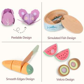 WHOHOLL Play Food Set for Play Kitchen Accessories, Wooden Toys Food Pretend Cutting Food with Apron, Montessori Toys for 1+ Years Old Girls Boys Eye-Protection Learning Resources