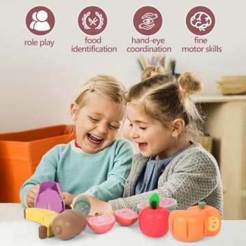 WHOHOLL Play Food Set for Play Kitchen Accessories, Wooden Toys Food Pretend Cutting Food with Apron, Montessori Toys for 1+ Years Old Girls Boys Eye-Protection Learning Resources