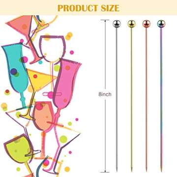 Cocktail Picks 8 Inch Stainless Steel Cocktail Toothpicks Multi-Colored Appetizer Drink Sticks Colorful Fruit Stick Toothpicks for Bar, Barbecue Snacks (16 Pieces,Silver, Gold, Rose Gold, Colorful)