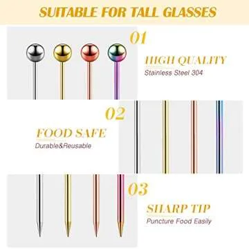 Cocktail Picks 8 Inch Stainless Steel Cocktail Toothpicks Multi-Colored Appetizer Drink Sticks Colorful Fruit Stick Toothpicks for Bar, Barbecue Snacks (16 Pieces,Silver, Gold, Rose Gold, Colorful)