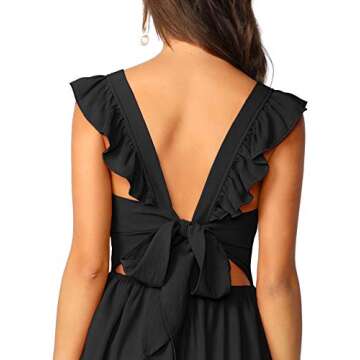 ROMWE Women's Cute Tie Back Ruffle Strap A Line Fit and Flare Flowy Short Dress Black S