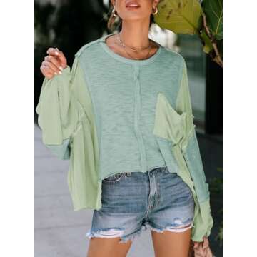 LEMAFER Women's Exposed Seam Chest Pocket Loose Sleeve Oversized Tunic Top Casual Round Neck Solid P...