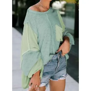 LEMAFER Women's Exposed Seam Chest Pocket Loose Sleeve Oversized Tunic Top Casual Round Neck Solid Patchwork Long Sleeve Blouse Green