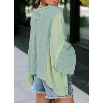 LEMAFER Women's Exposed Seam Chest Pocket Loose Sleeve Oversized Tunic Top Casual Round Neck Solid Patchwork Long Sleeve Blouse Green