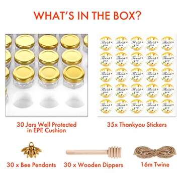 AuroTrends 1.5oz Mini Honey Jars with Dipper 30Pack, Glass Jars for Baby Shower Favors/Wedding Favors for Guests Bulk-Mini Canning Jars with Wooden Dippers/Bee Charms (1.5 fl.oz-30Pack)