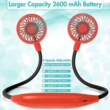 Portable Neck Fan, 2600mAh Battery Operated Ultra Quiet Hands Free USB Fan with 6 Speeds, Strong Wind, 360° Adjustable High Flexibility Wearable Personal Fan for Home Office Outdoor Travel (Red)