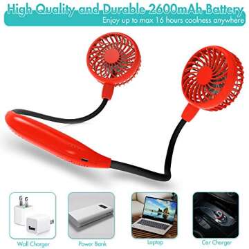 Portable Neck Fan, 2600mAh Battery Operated Ultra Quiet Hands Free USB Fan with 6 Speeds, Strong Wind, 360° Adjustable High Flexibility Wearable Personal Fan for Home Office Outdoor Travel (Red)
