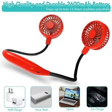 Portable Neck Fan, 2600mAh Battery Operated Ultra Quiet Hands Free USB Fan with 6 Speeds, Strong Wind, 360° Adjustable High Flexibility Wearable Personal Fan for Home Office Outdoor Travel (Red)