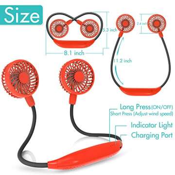 Portable Neck Fan, 2600mAh Battery Operated Ultra Quiet Hands Free USB Fan with 6 Speeds, Strong Wind, 360° Adjustable High Flexibility Wearable Personal Fan for Home Office Outdoor Travel (Red)