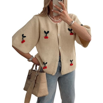 TIQOJE Women's Casual Dressy Cardigan Sweaters Half Sleeve Open Front Button Down knit Cherry Cardig...