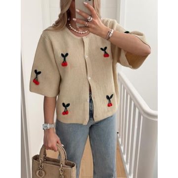 TIQOJE Women's Casual Dressy Cardigan Sweaters Half Sleeve Open Front Button Down knit Cherry Cardigans(Beige-S)