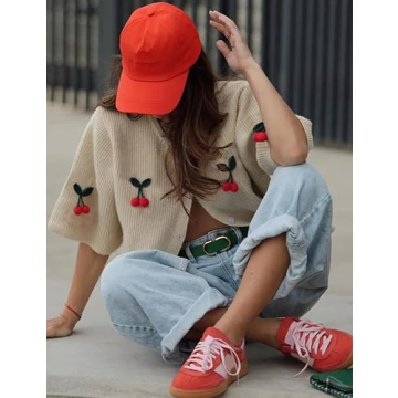 TIQOJE Women's Casual Dressy Cardigan Sweaters Half Sleeve Open Front Button Down knit Cherry Cardigans(Beige-S)