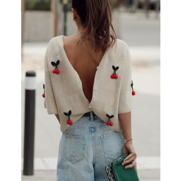 TIQOJE Women's Casual Dressy Cardigan Sweaters Half Sleeve Open Front Button Down knit Cherry Cardigans(Beige-S)