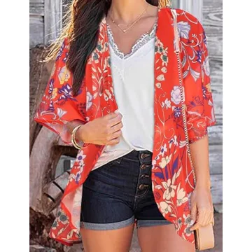 Summer Kimono Cardigan for Women Sheer Boho Tops Casual Open Front Swimwear Shirts Beach Cover ups (...