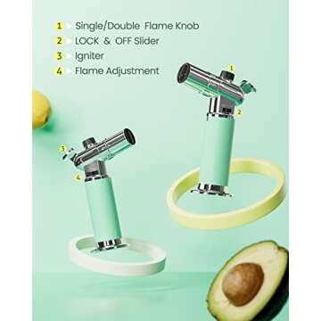 Butane Torch, RONXS Double Flame Kitchen Blow Torch Adjustable Refillable Cooking Torch Lighter with Continuous Flame for Creme Brulee, Baking, BBQ (Not Gas)