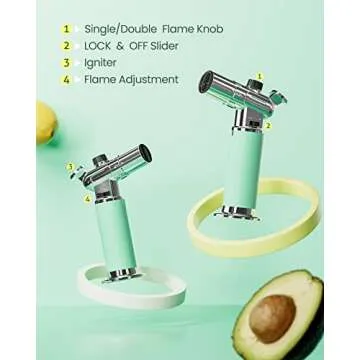 Butane Torch, RONXS Double Flame Kitchen Blow Torch Adjustable Refillable Cooking Torch Lighter with Continuous Flame for Creme Brulee, Baking, BBQ (Not Gas)