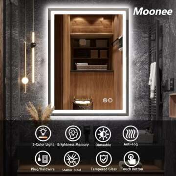 Moonee 23x18 Inch Large Led Mirror for Bathroom，Front Light and Backlit Vanity Mirror with 3 Colors Dimmable Anti Fog Bathroom Mirror with Led Lights for Bathroom Decor