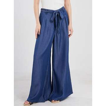 chouyatou Women's Casual Tie Knot Denim Pant High Waist Wide Leg Dressy Jean Pants Palazzo Culottes ...
