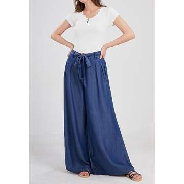 chouyatou Women's Casual Tie Knot Denim Pant High Waist Wide Leg Dressy Jean Pants Palazzo Culottes with Pockets (Large, Dark Blue)