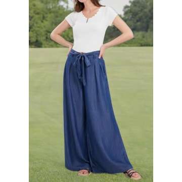 chouyatou Women's Casual Tie Knot Denim Pant High Waist Wide Leg Dressy Jean Pants Palazzo Culottes with Pockets (Large, Dark Blue)