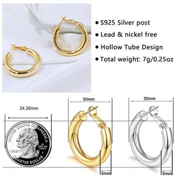 14k Gold Plated Thick Gold Hoop Earrings Lightweight Hollow Tube Earings for Women Hypoallergenic Chunky Gold Hoop Earrings 30mm