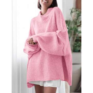 Saodimallsu Womens Oversized Sweaters Mock Neck Batwing Long Sleeve 2024 Fall Trendy Ribbed Knit Casual Tunic Sweater Pink