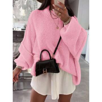 Saodimallsu Womens Oversized Sweaters Mock Neck Batwing Long Sleeve 2024 Fall Trendy Ribbed Knit Casual Tunic Sweater Pink