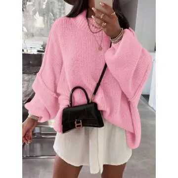 Saodimallsu Womens Oversized Sweaters Mock Neck Batwing Long Sleeve 2024 Fall Trendy Ribbed Knit Casual Tunic Sweater Pink