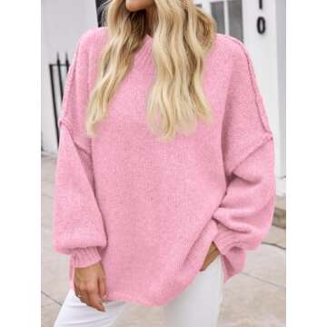 Saodimallsu Womens Oversized Sweaters Mock Neck Batwing Long Sleeve 2024 Fall Trendy Ribbed Knit Casual Tunic Sweater Pink