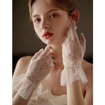 GRYUIRY Short Lace Gloves Mesh Tulle Gloves with Pearls Wedding Opera Tea Party Gloves for Women Formal Ivory