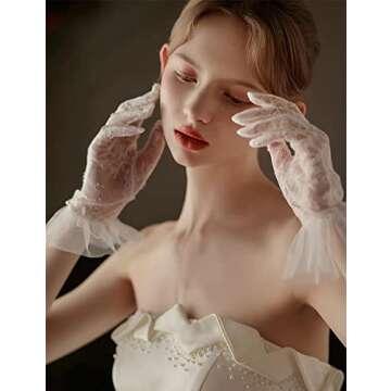 GRYUIRY Short Lace Gloves Mesh Tulle Gloves with Pearls Wedding Opera Tea Party Gloves for Women Formal Ivory
