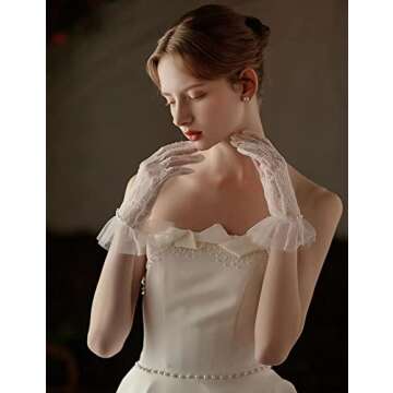 GRYUIRY Short Lace Gloves Mesh Tulle Gloves with Pearls Wedding Opera Tea Party Gloves for Women Formal Ivory