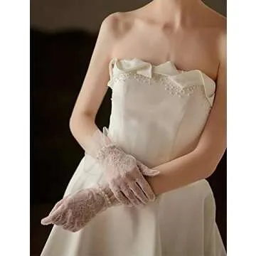 GRYUIRY Short Lace Gloves Mesh Tulle Gloves with Pearls Wedding Opera Tea Party Gloves for Women Formal Ivory