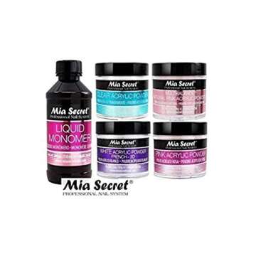MIA SECRET 4 oz LIQUID MONOMER + Acrylic Powders Set - Pink 2 oz, Clear 2 oz, 3D White 2 oz & Multibalance Pink 2 oz