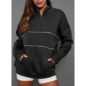 BLENCOT Women's Casual Contrast Stitch Sweatshirt Half Zip Up