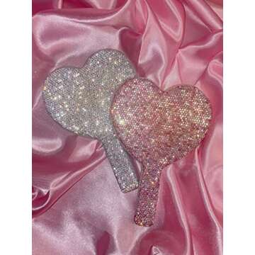 TISHAA Bling Rhinestone Adorable Heart Dazzling Handheld Mirror, Perfect for Makeup Touchup On The G...