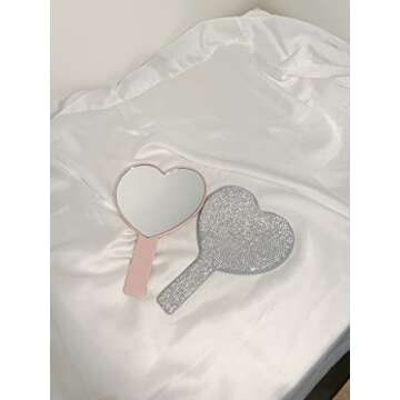 TISHAA Bling Rhinestone Adorable Heart Dazzling Handheld Mirror, Perfect for Makeup Touchup On The Go (Pink)