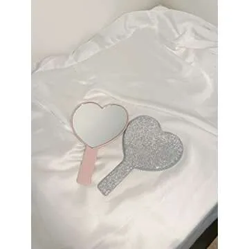 TISHAA Bling Rhinestone Adorable Heart Dazzling Handheld Mirror, Perfect for Makeup Touchup On The Go (Pink)