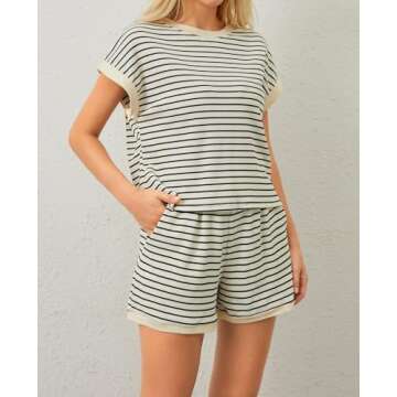 Burtell Women Summer 2 Piece Lounge Sets Striped Short Sleeve Tee Shirts Mini Shorts Loungewear Shorts Set Ribbed Pajama Set