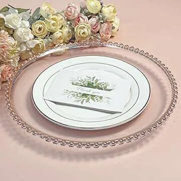 Maiangel Acrylic Rose Gold Beaded Clear Charger Plates 13" In Bulk Wedding Set of 12, Round Plastic Charger Plates,Decorative Dinner Plates For Table Setting Events